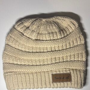 Three Bird Nest Messy Bun Knitted Beige Beanie